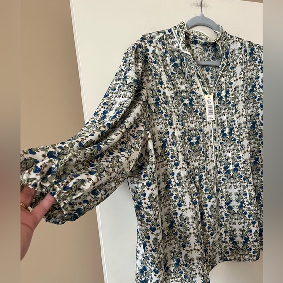 New! Max Studio Olive, Blue & White Floral Designer Blouse Women’s Size 2X - Picture 9 of 15